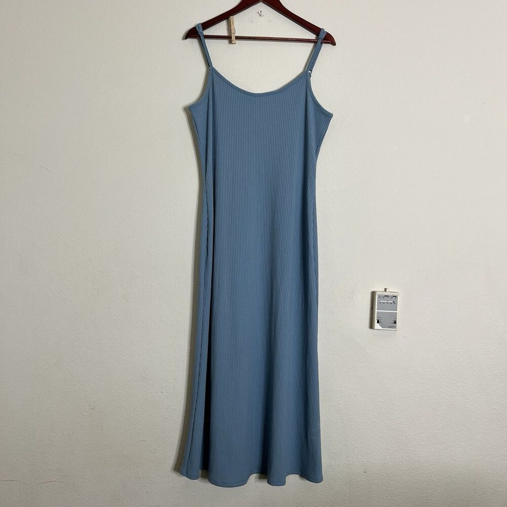 A NEW DAY SX XL Ribbed Stretch Blue Solid Adjustable Spaghetti Strap Midi Dress